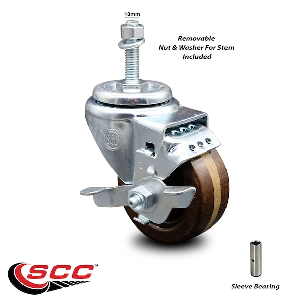 3 Inch High Temp Phenolic Wheel Swivel 10mm Threaded Stem Caster with Brake